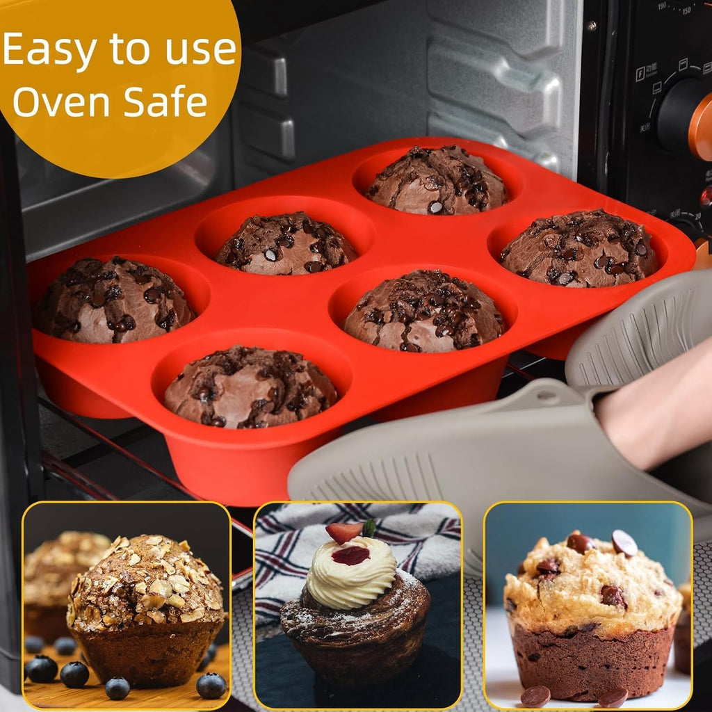 Silicone Jumbo Muffin Pan, 3.5 Inch Silicone Texas Muffin Pan 6 Cup Large Cupcake Pan Nonstick BPA Free 2 Pack Red