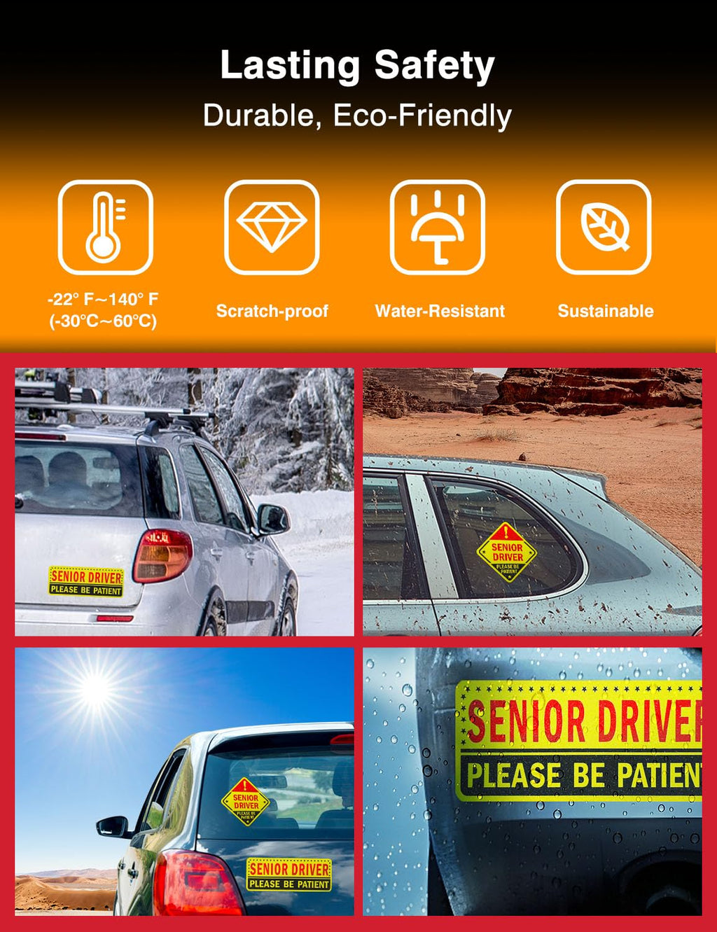 5-Pack Senior Driver Stickers (Non-Magnetic) – Promotes Road Safety for Elderly Drivers, Reusable, Reflective, Paint-Safe Decals for Car Bumper and Windows