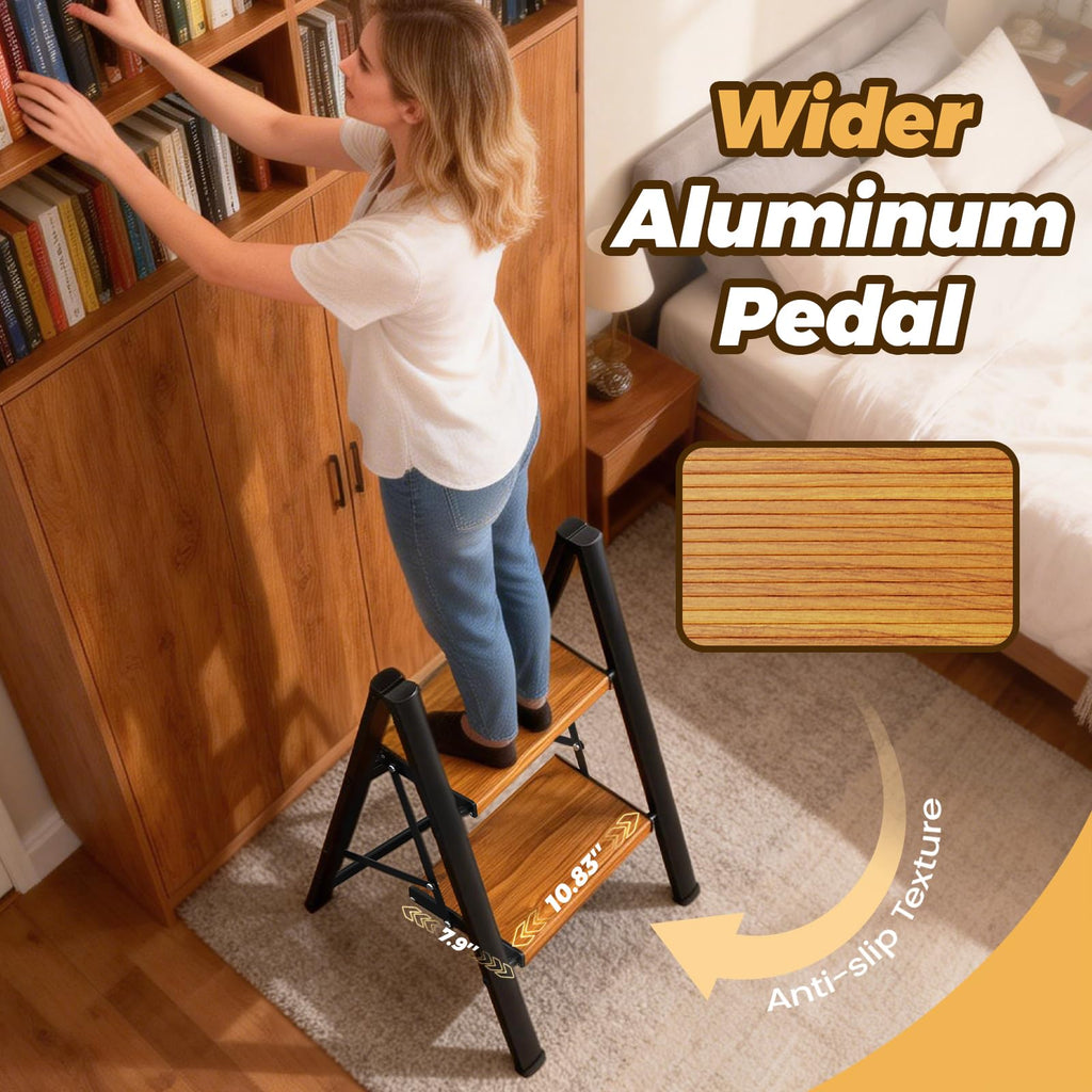 HBTower Step Ladder,Lightweight Aluminum Folding Step Stool with Anti-Slip Wide Pedal,330lbs Capacity Step Ladder for Household,Kitchen,Office - BlackWoodgrain
