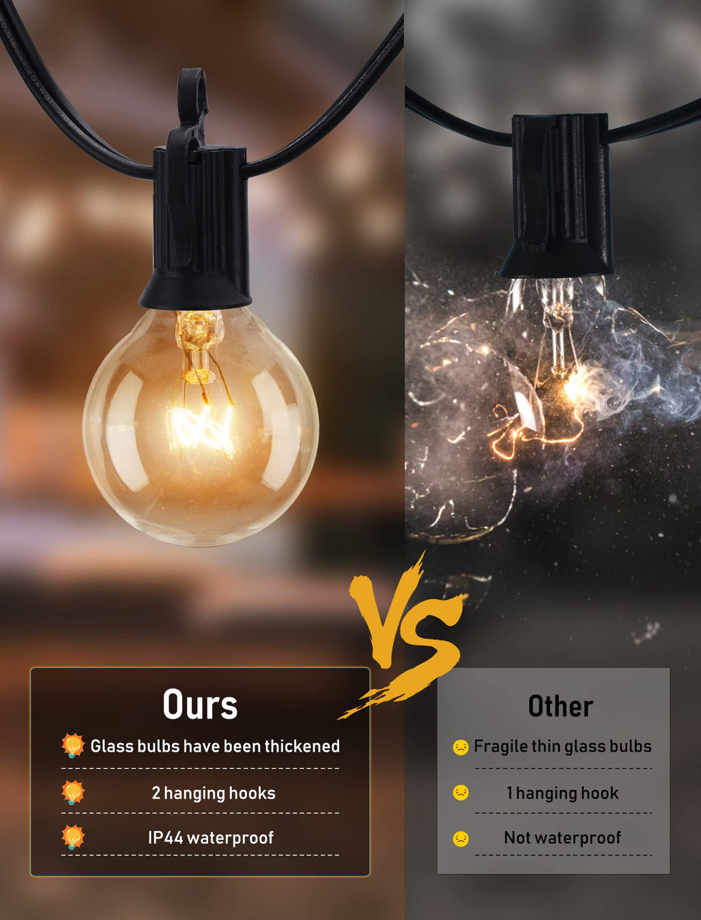 Outdoor String Light 50Feet G40 Globe Patio Lights with 52 Edison Glass Bulbs(2 Spare), Waterproof Connectable Hanging Christmas Lights for Backyard Porch Balcony Party Xmas Decor, E12 Socket, Black