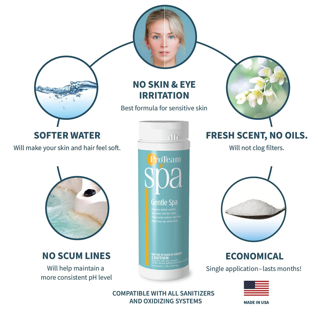 ProTeam Gentle Spa Hot Tub Water Softener & Conditioner — Softens Hard Water, Prevents Scum Lines & Skin Irritation, Borate pH Stabilizer — Fresh Scent, 1.5 lb + SplashWiz Care e-Book