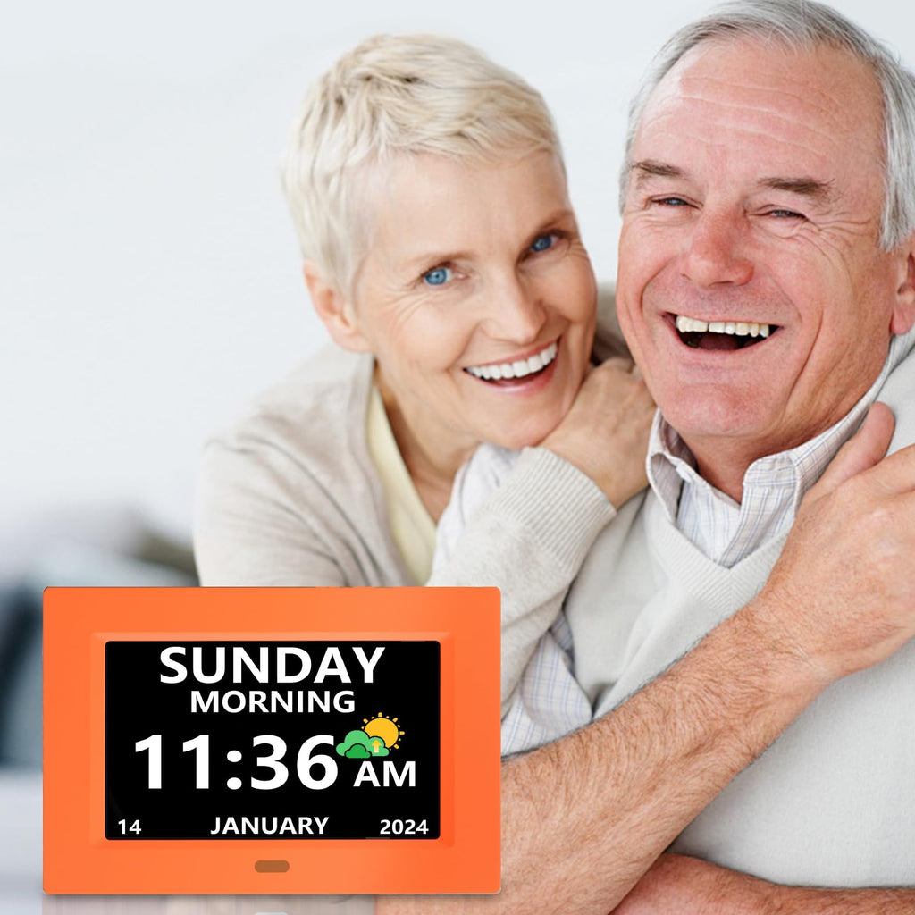 LXBYJKJ 7 Inch Digital Clock with Day and Date for Elderly Alzheimer's Dementia Clock Customizable Alarms 3 Display Modes Large Font Digital Alarm Clock for Seniors Orange