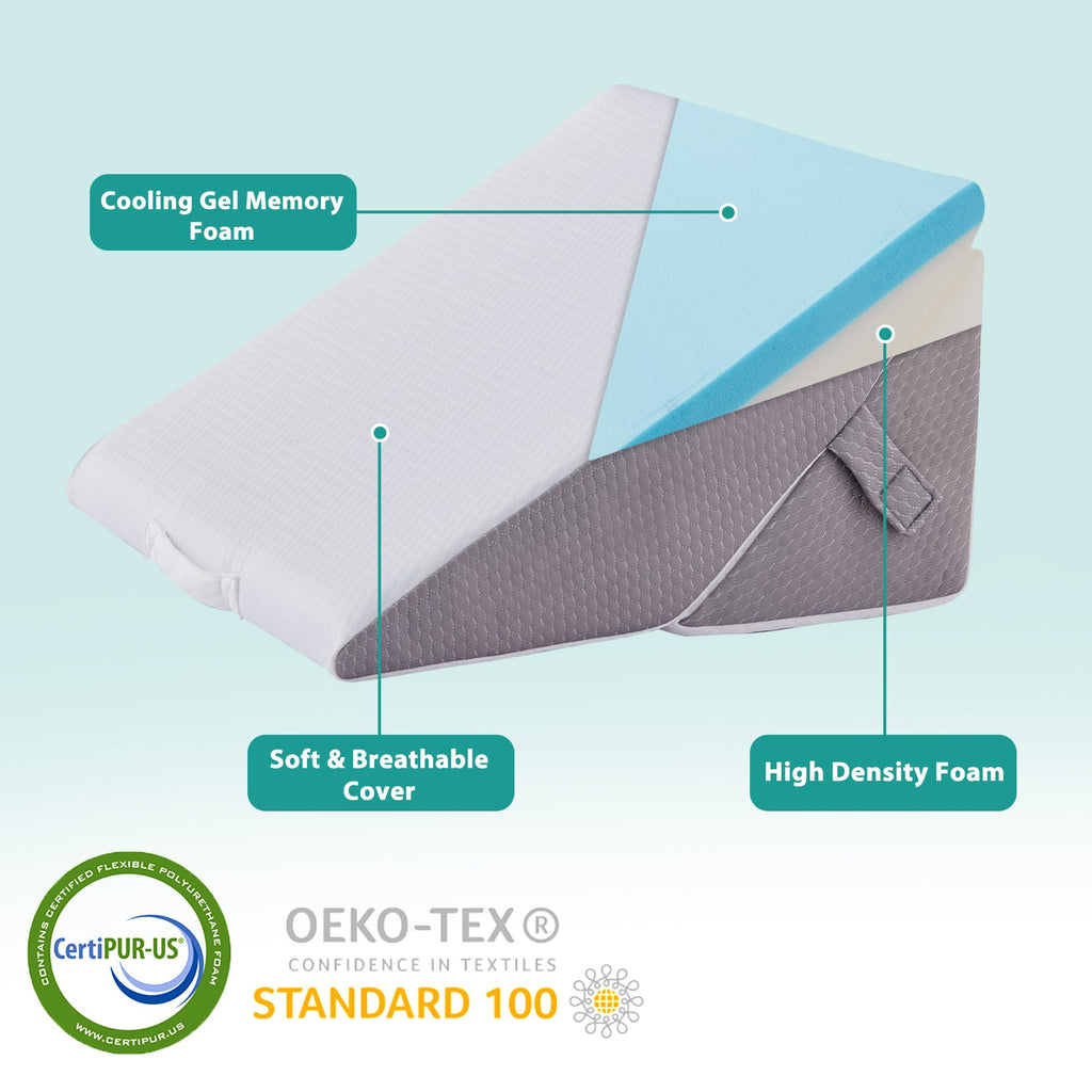Bedluxe Wedge Pillow for Sleeping, Adjustable 9&12 Inch Foldable Bed Wedge Pillow Set, Orthopedic Memory Foam Triangle Pillow Wedge, 7-in-1 Elevated Pillows for Leg and Back Support, White/Grey