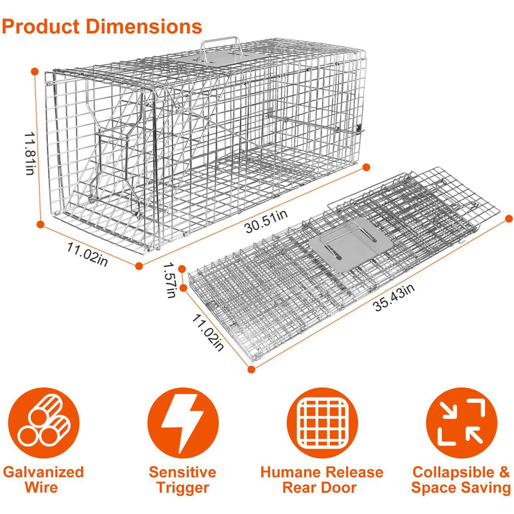 KOCASO Large Live Animal Trap Cage, Foldable Heavy Duty Humane Rat Trap for Indoor and Outdoor, Metal Mouse Trap for Squirrel Gopher Chipmunk Mice Raccoon, Easy to Catch and Release, 31"x11"x12"