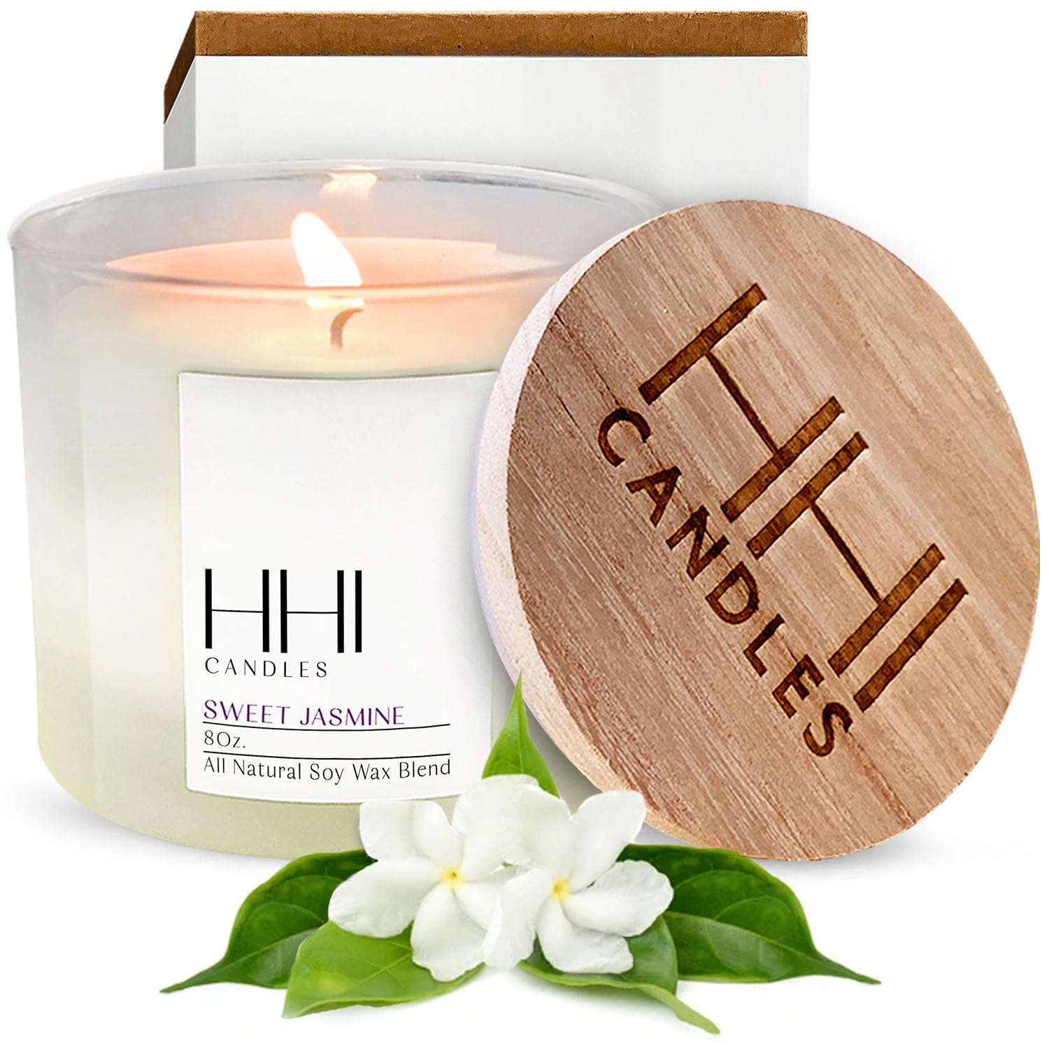 Sweet Jasmine Candle | Scented Soy Candle | A Fresh Blend of Jasmine, Chamomile, and Cedar | Large Eight Ounce Single Wick Luxury Candle | Long Burn time | Bamboo Lid and Gift Box | HHI Candles