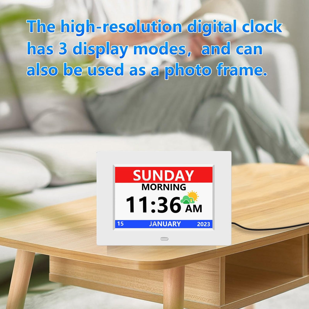 LXBYJKJ 7 Inch Digital Clock with Day and Date for Elderly Alzheimer's Dementia Clock Customizable Alarms and Medicine Reminders 3 Display Modes Large Font Digital Alarm Clock for Seniors White