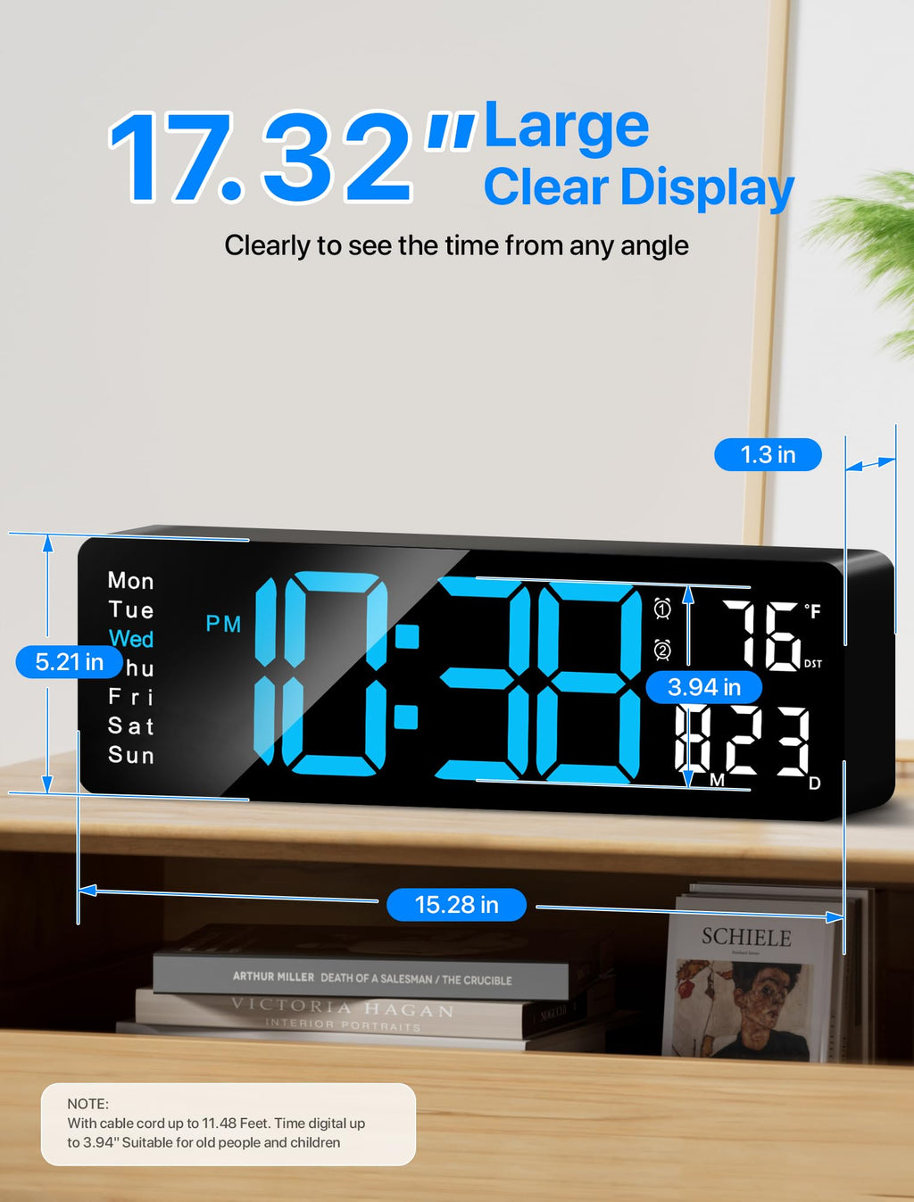 MASHI Digital Wall Clock, 17.3" Large Display Digital Clock with Remote Control, Auto-Dimming Wall Clock with Night Light, DST, Date Week,Temp for Living Room, Bedroom, Decor, Gift for Elderly