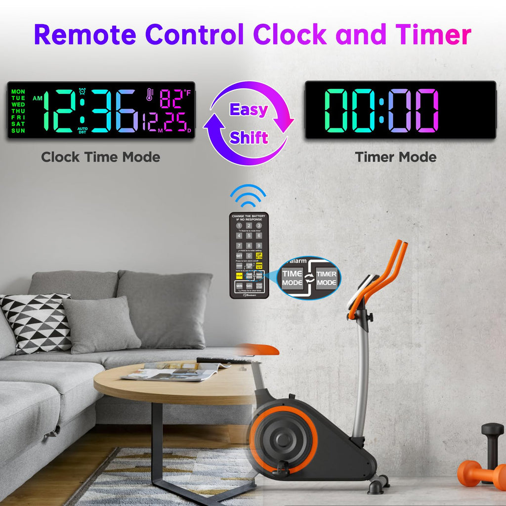 Soobest 14" Large Remote Digital Wall Clock with Timer for Living Room Home Gym, Plug in Big LED Electric Color Changing Clock with Date Day of Week Temperature Display for Elderly Seniors, Auto DST
