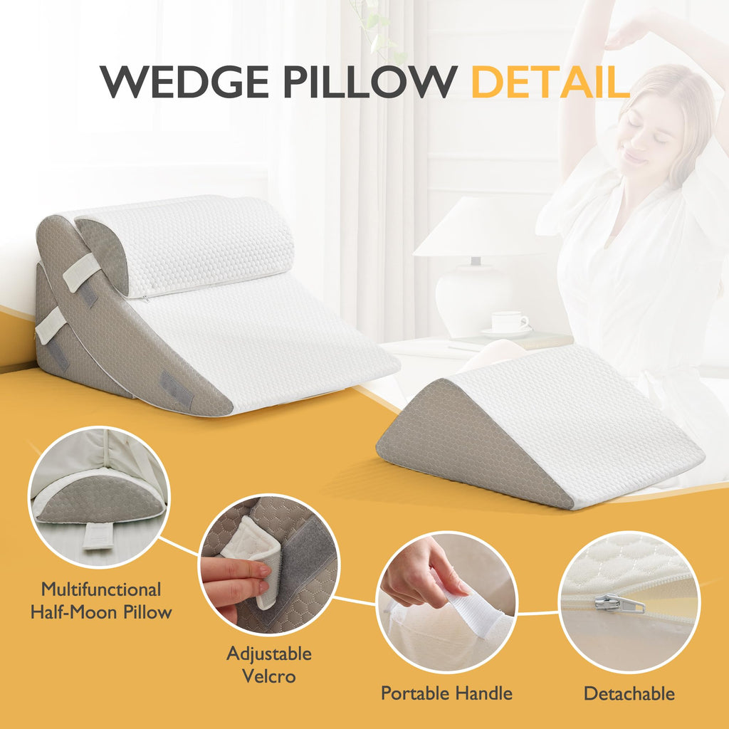 BDEUS 4-PCS Orthopedic Bed Wedge Pillow Set for Post-Surgery Recovery & Pain Relief - Adjustable Foam Support Pillows for Back, Leg, Neck & Shoulder Pain. Triangle Body Wedges for Sleeping, Sitting Up