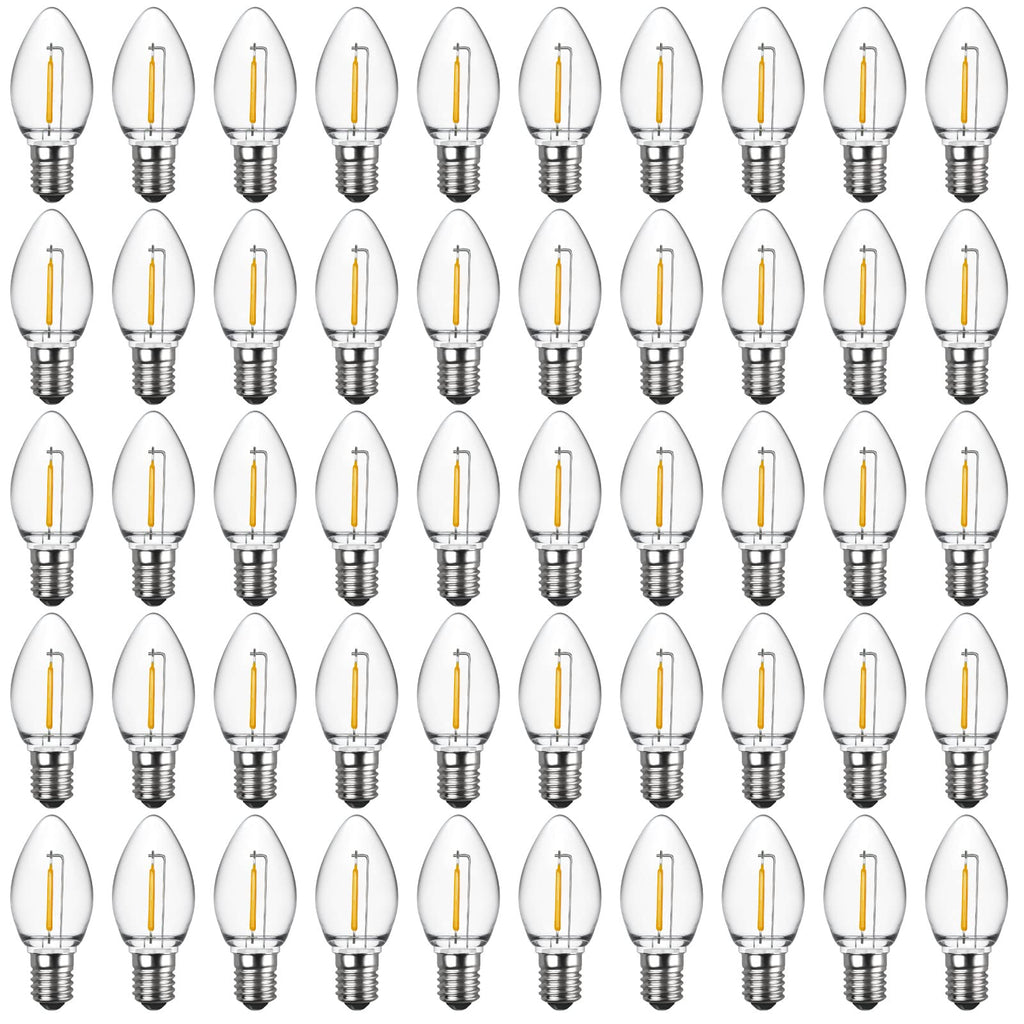 Meconard C7 Led Replacement Christmas Light Bulbs, C7 Shatterproof Led Bulbs for Christmas Outdoor String Lights, E12 Candelabra Base, Commercial Grade Holiday Bulbs, Warm White, 50 Pack