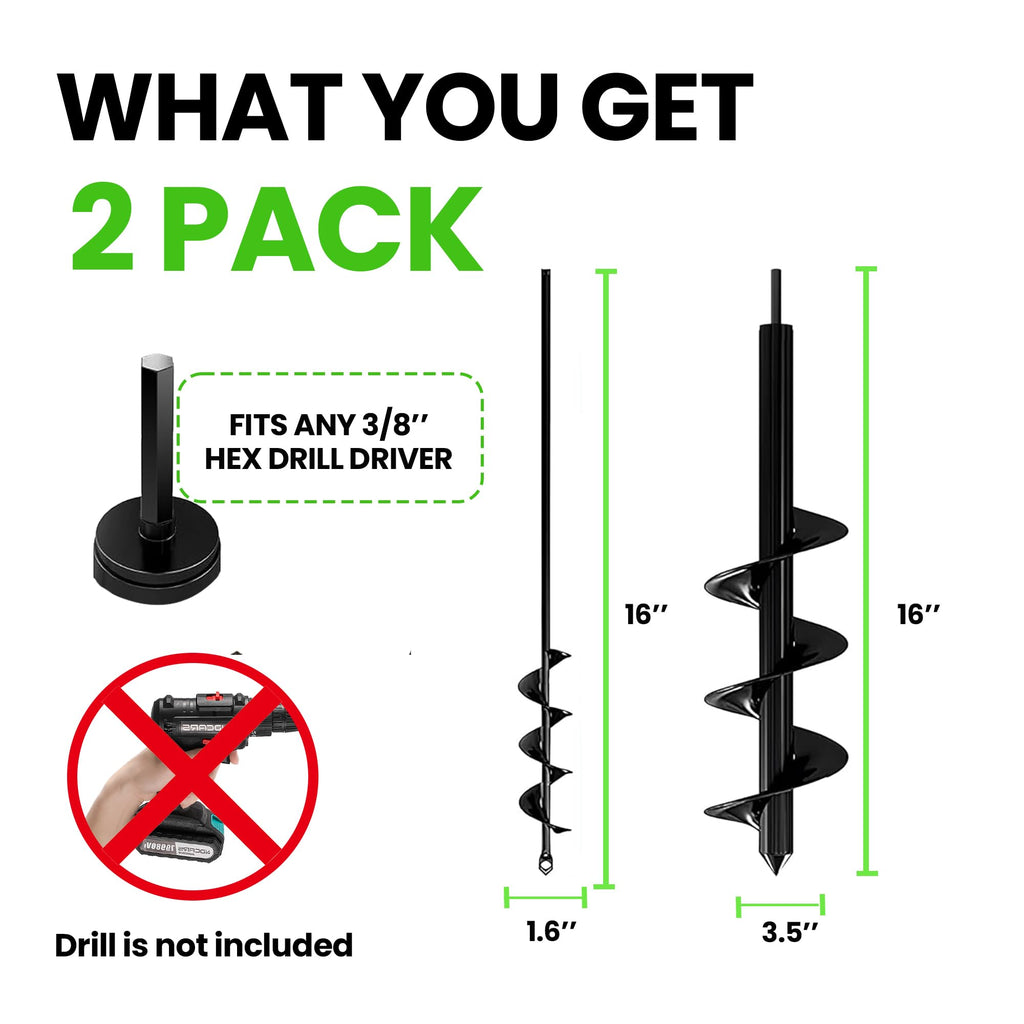 K-Brands Auger Drill Bit for Planting 2 Pack 1.6 x 16 Inch & 3.5 x 16 Inch Set – Garden Spiral Hole and Bulb Planter Tool for Umbrella Holes - Compatible with 3/8 Inch Hex Drive