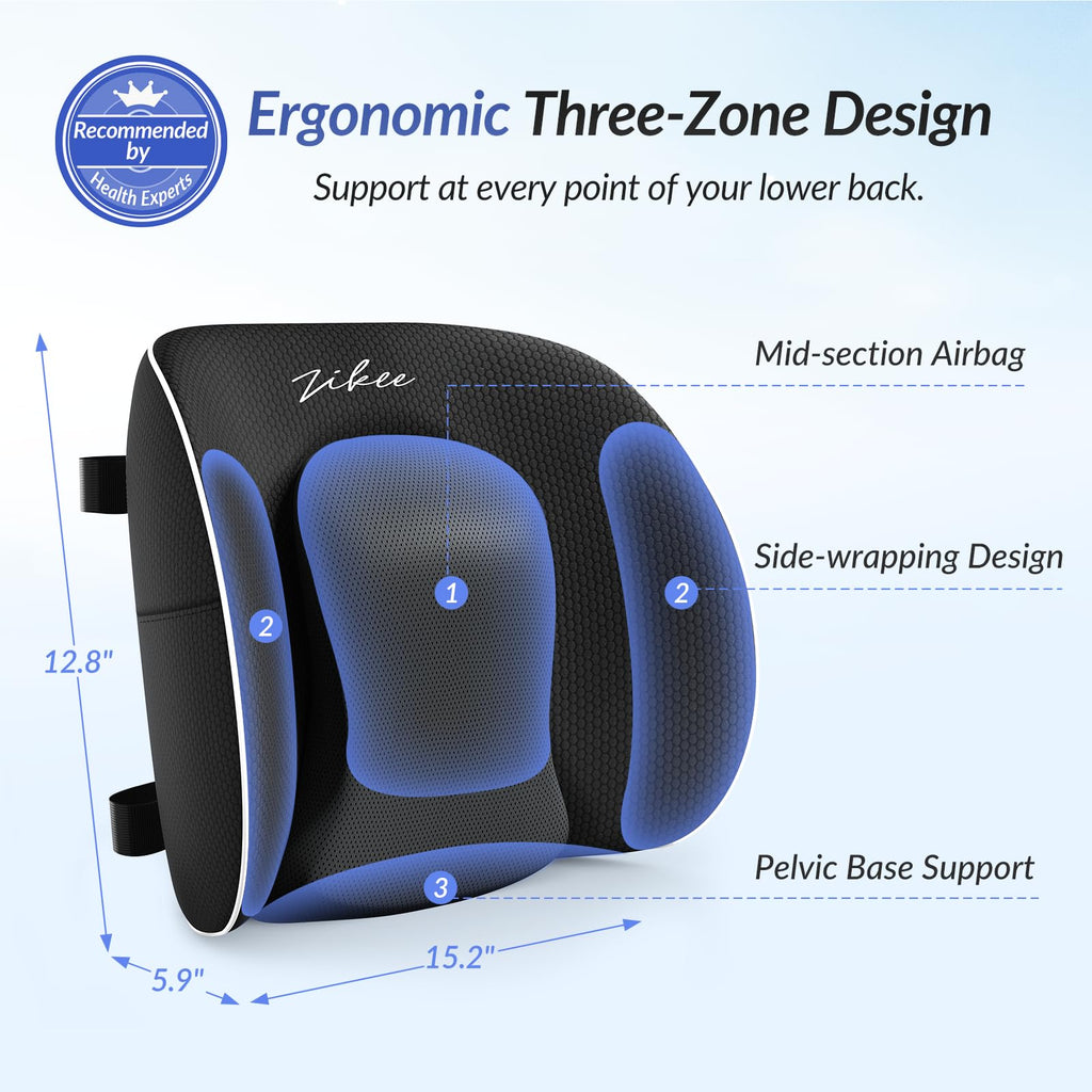 ZIKEE Airbag Lumbar Support Pillow for Office Chair and Car Seat, Adjustable Memory Foam Lumbar Pillow for Contoured Lower Back Support & Pain Relief, Lower Back Cushion with Dual Straps & Airy Fabric