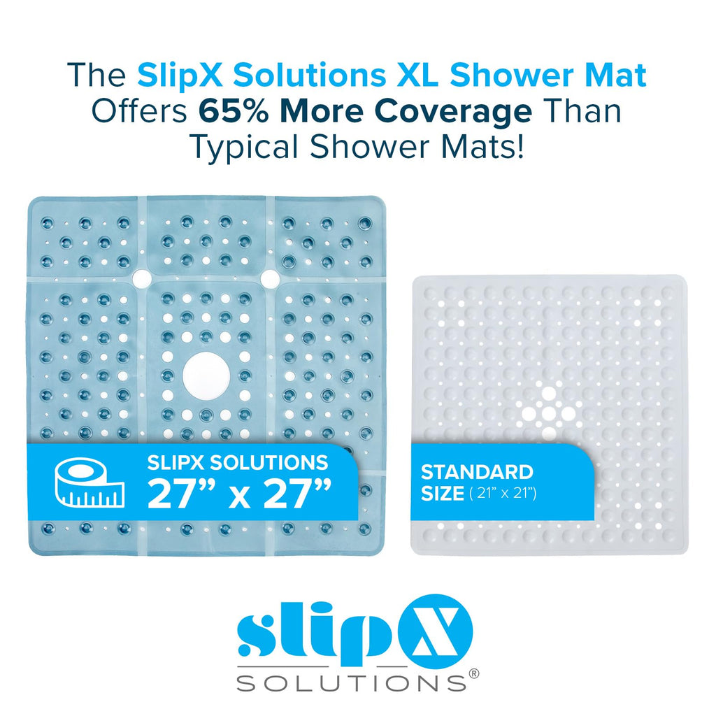 SlipX Solutions Extra Large Square Shower Mat, 27"x27", Non-Slip Stall Mat for Elderly & Kids Standing Bath Tub Mat, Machine Washable, Suction Cups, Dusty Blue