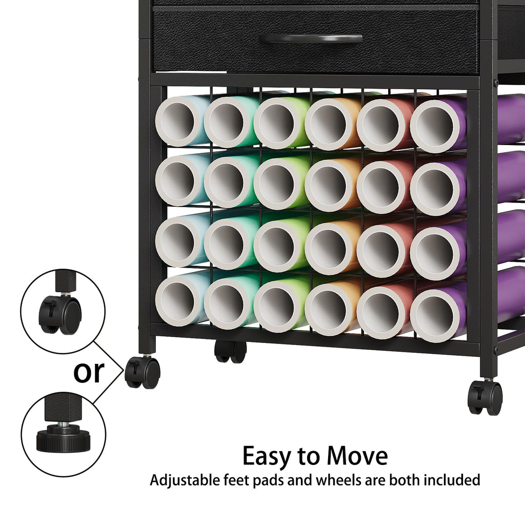 VENNQD Organizer and Storage Stand Compatible with Cricut Machines,Rolling Storage Cart/Shelf with 24 Vinyl Roll Holders，2 Fabric Drawer,Accessories Holder,Tool Hook for Craft Room Home (Black)