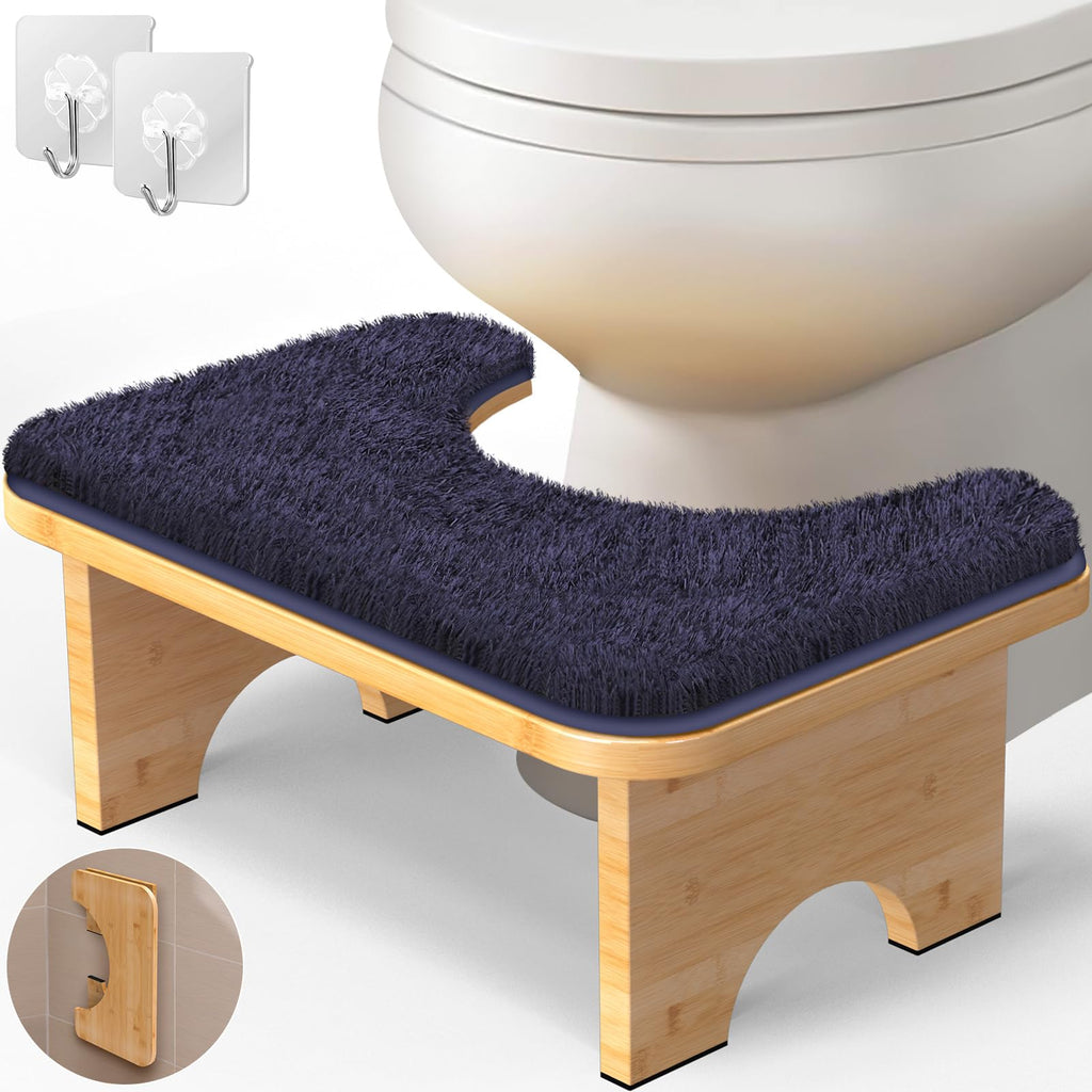 Vatex Bamboo Toilet Stool, 7” Foldable Potty Poop Bathroom Stool with Extra Soft Microfiber Rug and Hooks, Non-Slip Toilet Assistance Step Stool for Adult, Improve Squatting Posture - Healthy Gifts