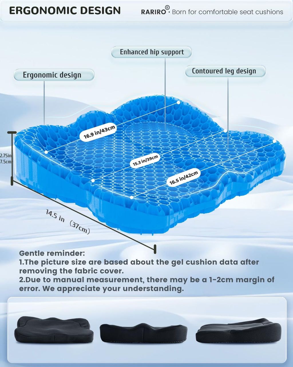 Thickened Gel Seat Cushion, Chair Seat Pads for Wheelchair, Gel Cushion Seat for Pressure Coccyx Sciatica Pain Relief, Egg Cushion for Car Office Chair, Cooling Cushion for Long Sitting[Blue-2.75"]