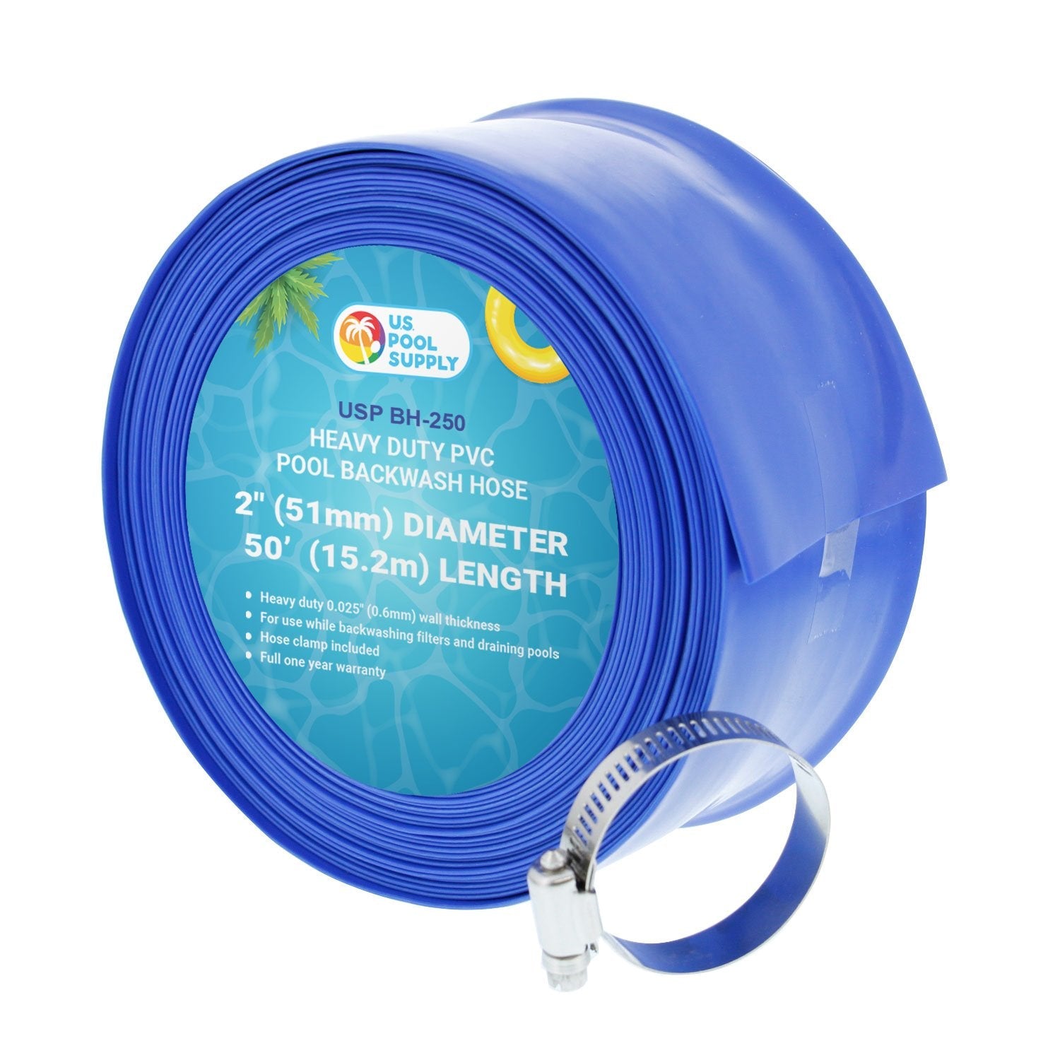 U.S. Pool Supply Pool Backwash Hose 2" x 50' - Heavy-Duty Pool Drain Hose, Filter Pump Water Drainage, Sump Pump Discharge, Inground Draining - Flexible Lay Flat, Clamp