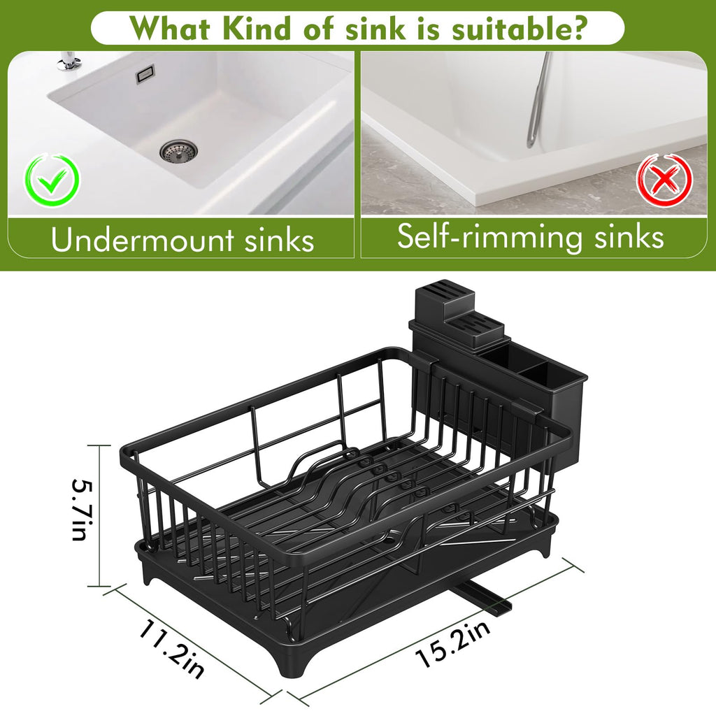 Dish Drying Rack - Space-Saving Small Dish Rack for Kitchen Counter, Rust-Resistant Kitchen Drying Rack, Compact Dish Drainer Organizer with Utensil Holder for Home Kitchen, Black