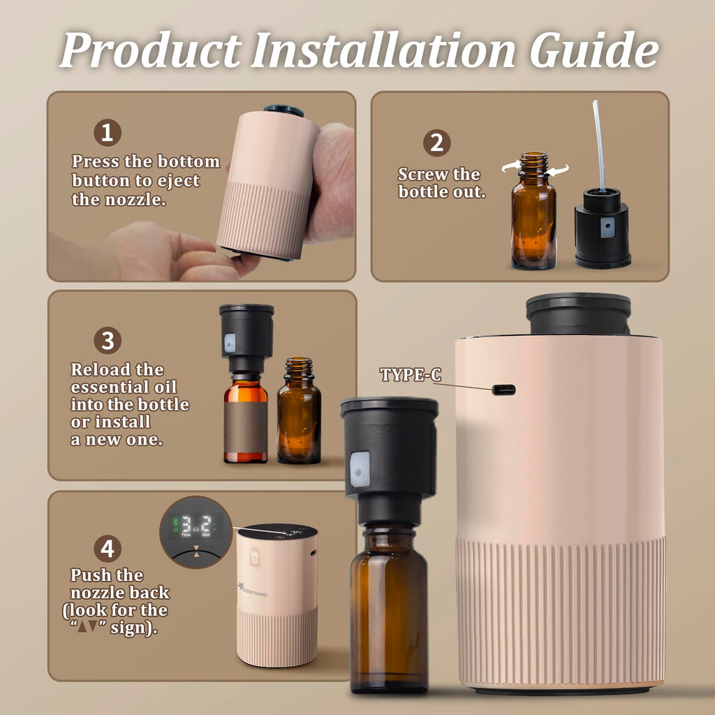 Waterless Diffuser for Essential Oil - Aromatherapy Diffuser for Home with Battery Indicator, Portable Smart Scent Air Machine 1/2/3 & Continuous Mist, Timing & Auto-off Function, 400~500 sq. ft Scent