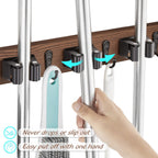 OUTNILI Mop Broom Holder Wall Mount with 3 Slots & 4 Hooks - Wood Broom Mop Hanger for Pantry Kitchen Organization - Garden Tool Organizer for Closet Laundry Room - for Rustic Farmhouse Kitchen Decor