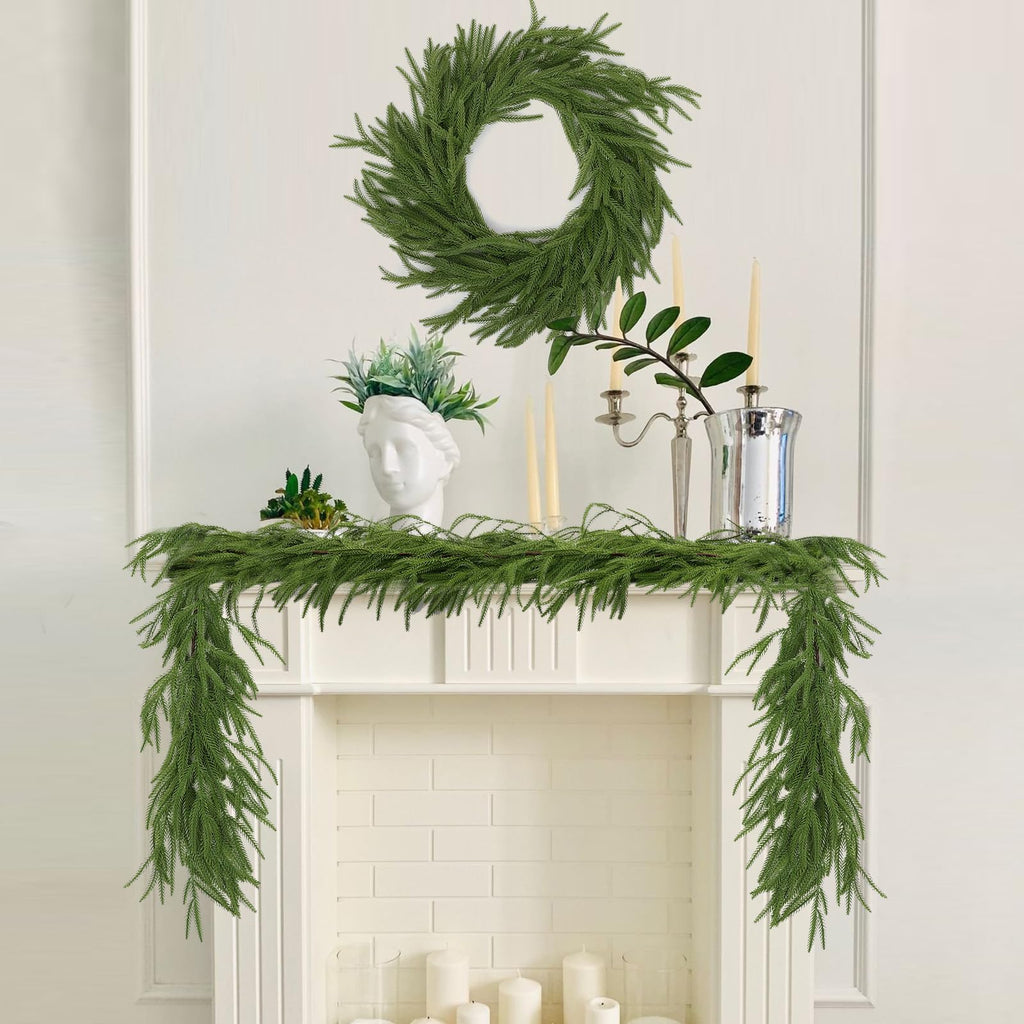 Hananona 4 Pcs Artificial Norfolk Pine Garlands, Real Touch Winter Pine Garland, Green Artificial Greenery Garland for Table, Mantle, Wall, Indoor, Outdoor Christmas Decorations (4, 6 FT)