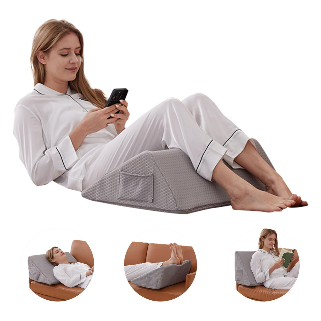 Bedluxe Knee Wedge Pillow, Memory Foam Leg Pillow Knee Pillow for Back Sleeping, Wedge Pillow for Legs Post Surgery, Triangle Pillow for Knee Support, Leg Elevation, Knee Hip Back Pain Relief, Grey