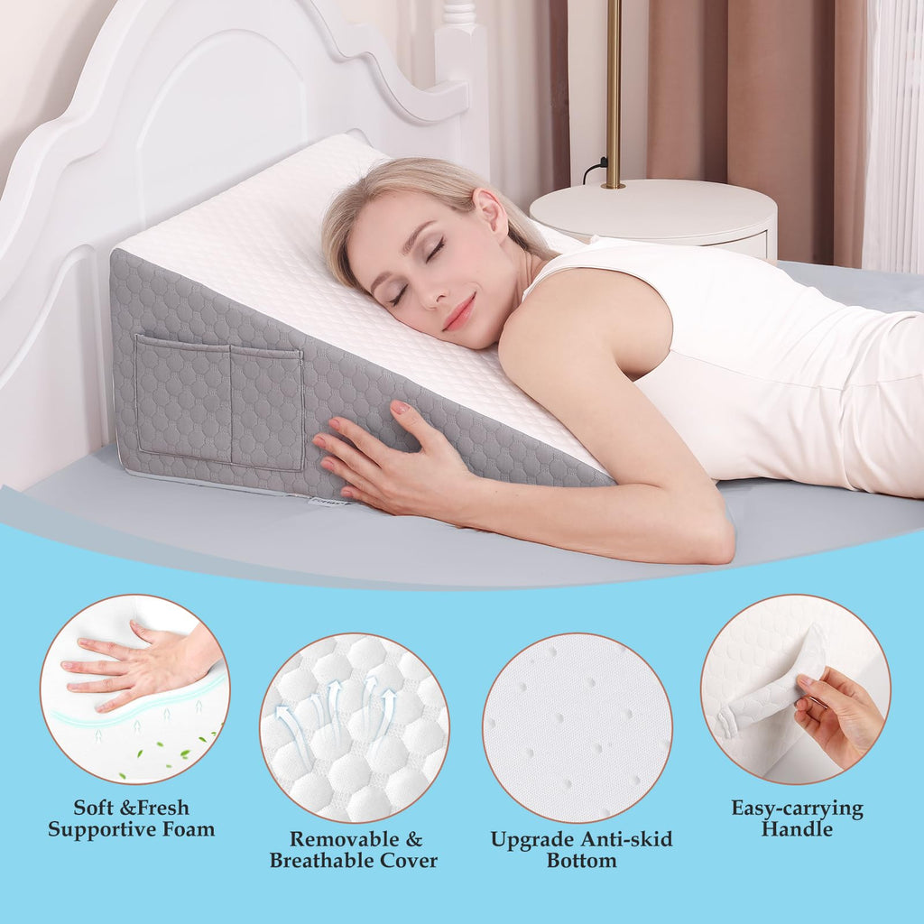 Forias Wedge Pillow for Sleeping,10" Bed Wedge Pillow for After Surgery,Acid Reflux,Snoring,Memory Foam Top Triangle Pillow Wedge with Breathable Removable Cover