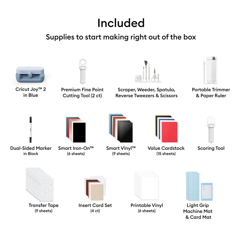Cricut Joy™ 2 Deluxe Bundle, Blue - Ultra-Compact Cutting Machine - Perfect for Making Cards, Stickers, Labels, Decals, & More - Portable - Includes Enough Supplies for Up to 55 Projects