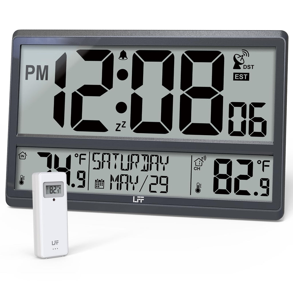 LFF Atomic Clock, Never Needs Setting, Battery Operated, Atomic Wall Clock with Indoor/Outdoor Temperature, Wireless Outdoor Sensor, Large Display Digital Calendar Clock for Elderly