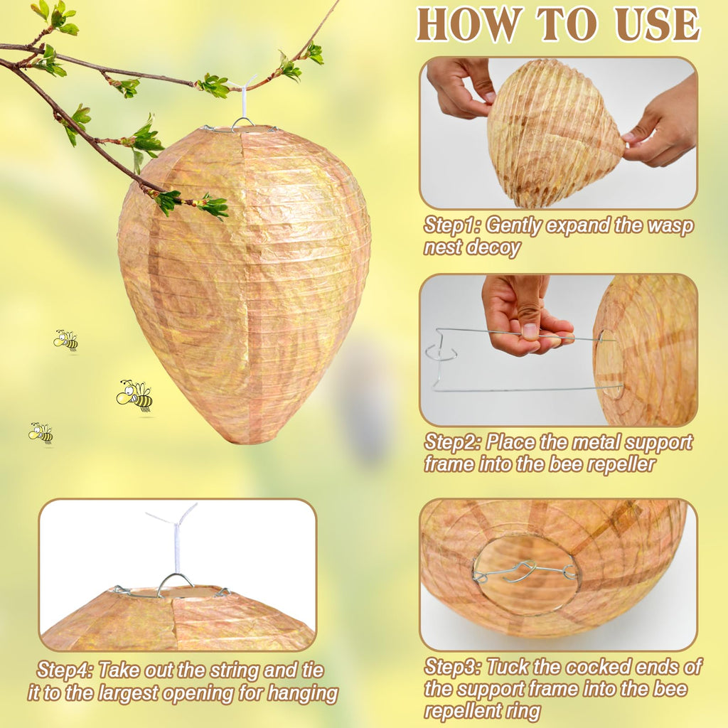 ZeeDix 4 Pack Hanging Paper Fake Wasp Nest Decoy- Eco Friendly Effective Deterrent Bee Hornets Wasp Nest for Outdoor, Home and Garden(8.66"×11",Warm Color)