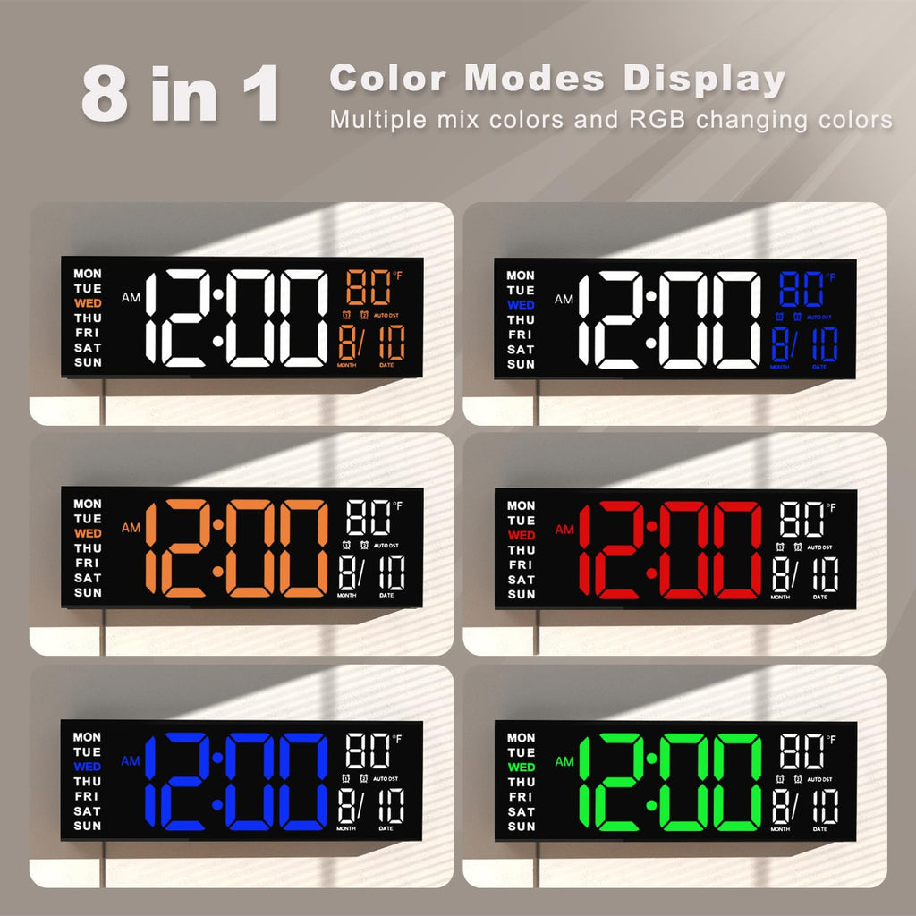 JALL 16" Large Digital Wall Clock Timer, Remote Controll, 2 Alarms, LED Display, 8 RGB Color, Auto DST, Temperature for Living Room, Bedroom, Desk, Mounted, Gift for Elderly (White Orange, 16 inches)