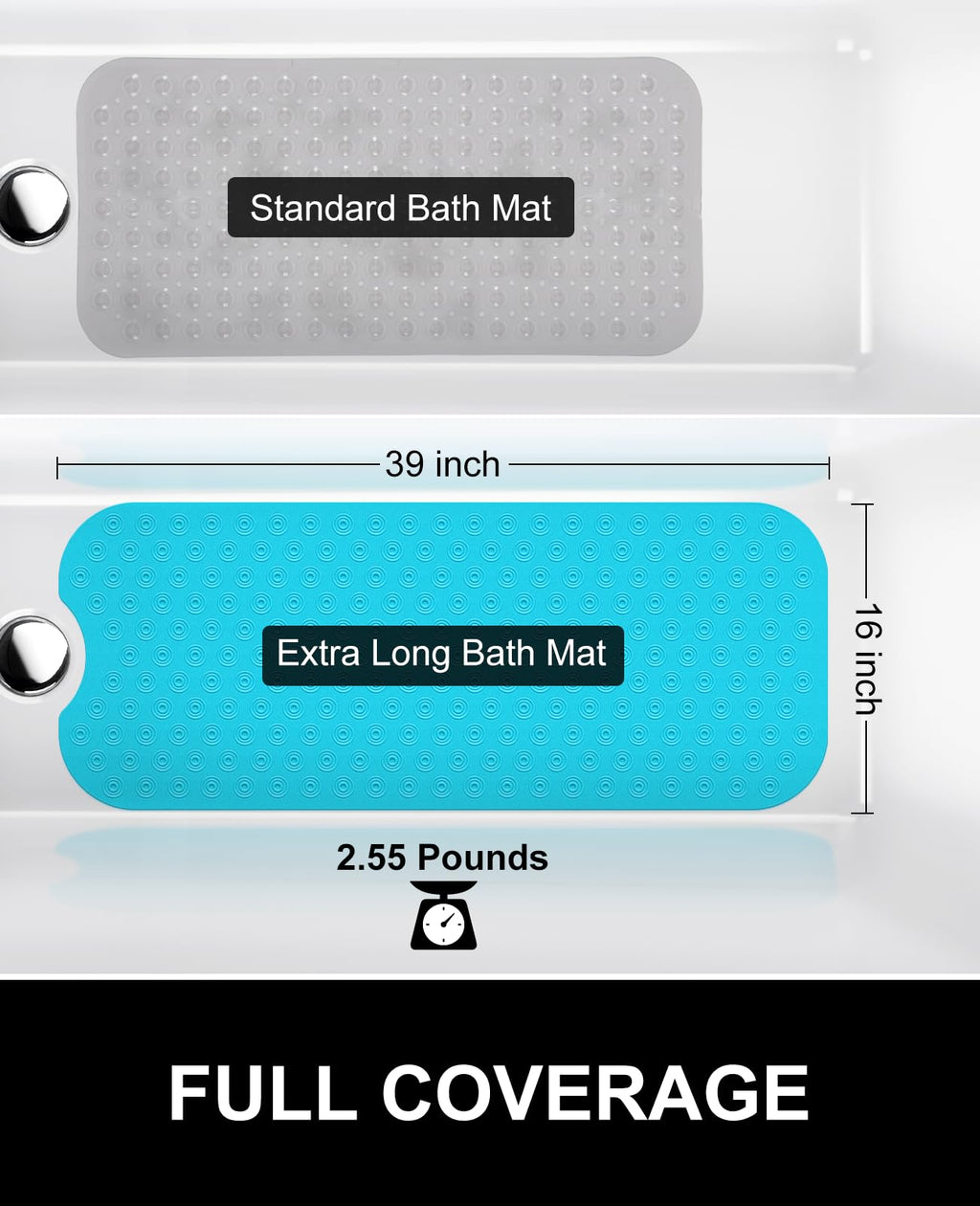 OTHWAY No Suction Cup Bath Mat: 39x16 inch Extra Long Bathmat│Perfect for Refinished or Ordinary Bath Tubs│Made of Nature Rubber│a Blessing for The Elderly and Children (Blue)