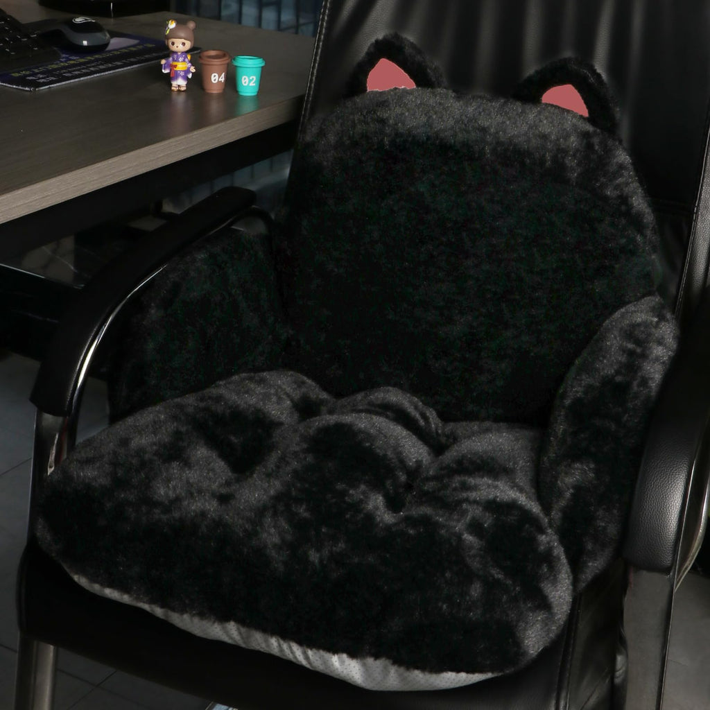QYA Cute Chair Cushion, Soft Seat Cushions for Office Desk, Kawaii Chair Pillow for Gaming, Comfy Floor Seating for Adults, Bedroom Playroom Dining Living Room Decor, 17"x16.5", Black Cat