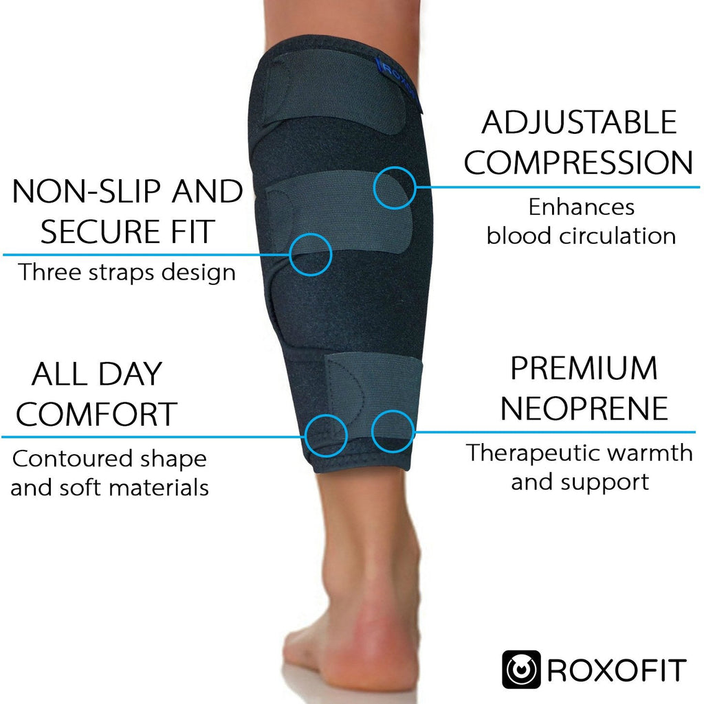 ROXOFIT Calf Brace for Torn Calf Muscle and Shin Splint Pain Relief - Calf Compression Sleeve for Lower Leg Injury, Strain, Tear - Neoprene Runners Tibia Splints Wrap for Men and Women