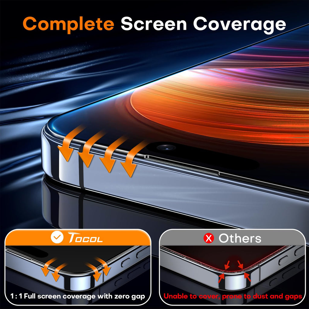 TOCOL for iPhone 15 Pro Max Screen Protector, [9H Hardness] [Military Grade Shatterproof] HD Tempered Glass for iPhone 15 Pro Max Full Coverage Screen Protector, Easy Installation, 2 Pack