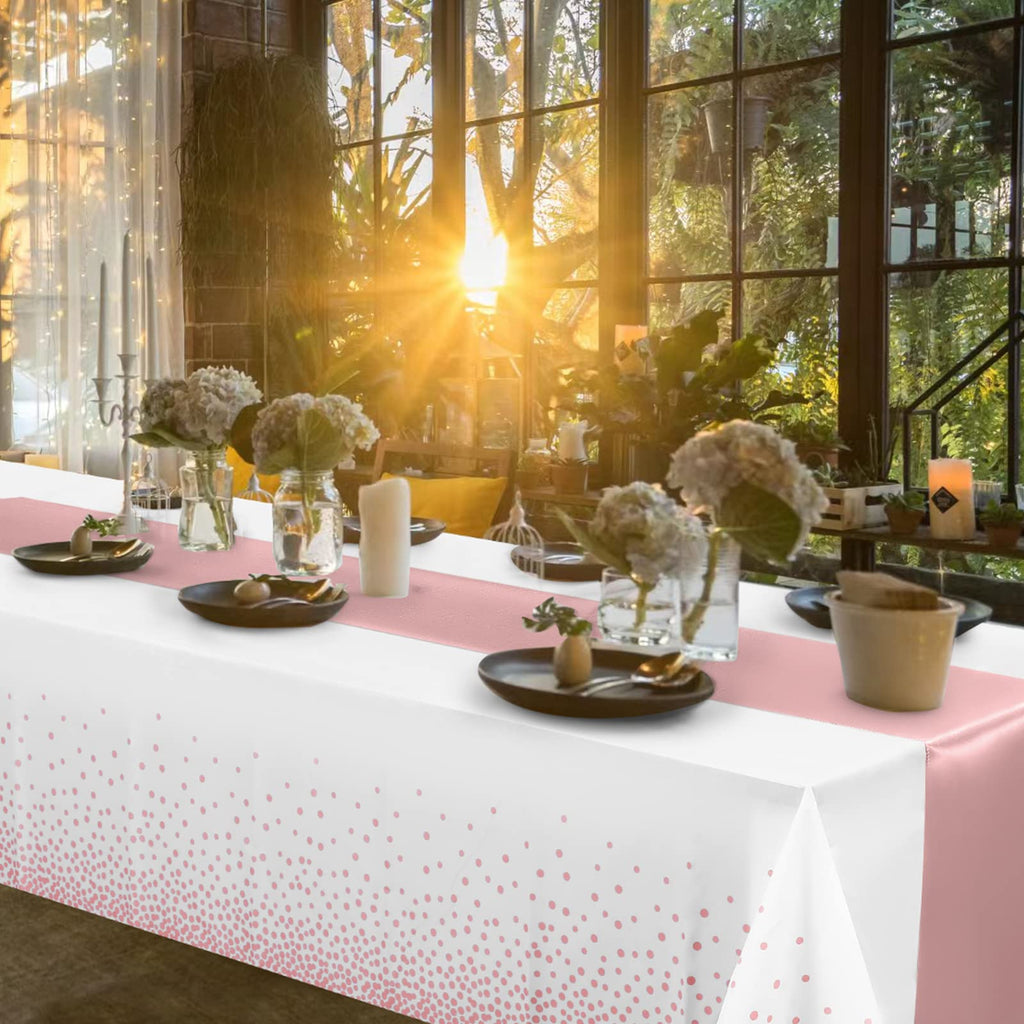 MASHAN 24 Pack White and Rose Gold Tablecloth Set - Rectangular PEVA Tablecloths and Satin Table Runners for Wedding, Baby Shower, Anniversary, Christmas, New Year Party
