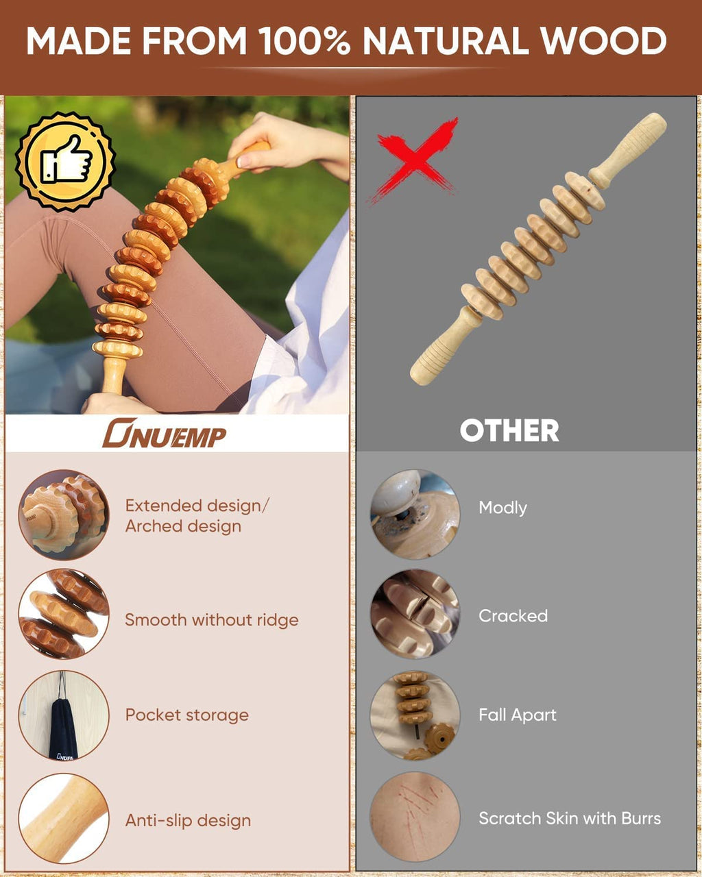 ONUEMP Wood Therapy Massage Tools, Wooden Bend Waist Thigh Massager & Muscle Roller Stick, Maderoterapia Colombiana Kit for Lymphatic Drainage, Anti Cellulite, Body Contouring/Shaping, Deep Tissue