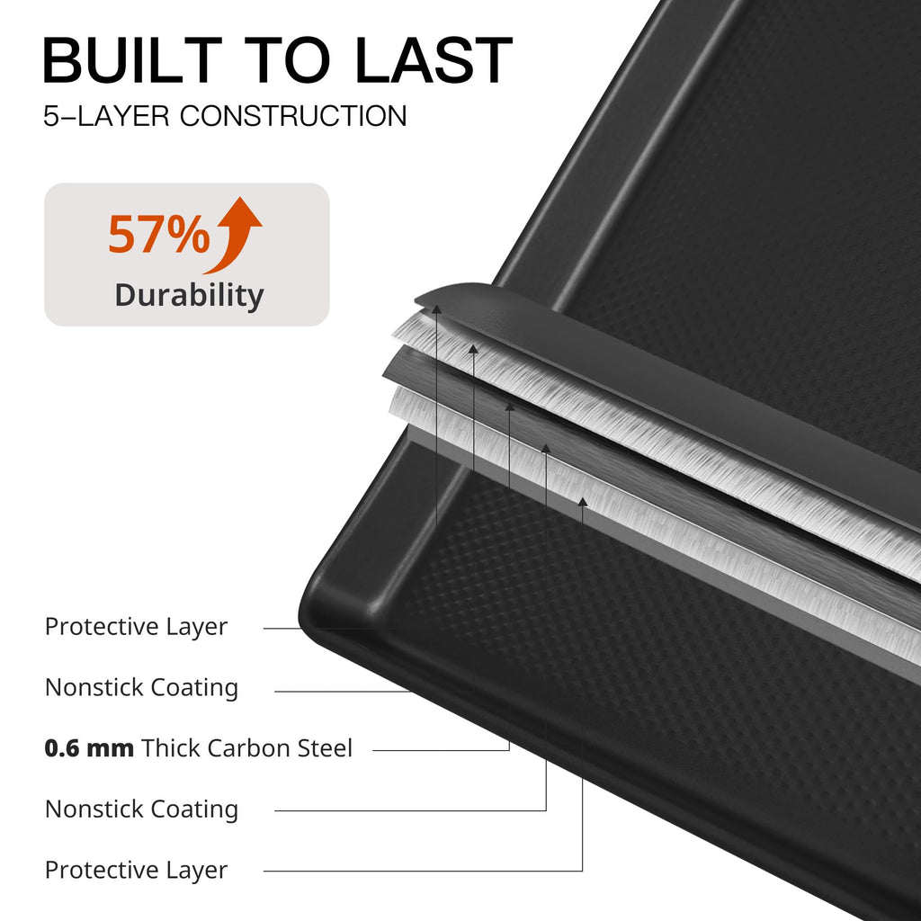 HONGBAKE 2 Pack Jelly Roll Pan Set 15x10, Cookie Sheets for Baking with Diamond Texture, Baking Sheets Non Stick, Non Toxic Oven Trays for Cooking, Heavy Duty 57% Thicker Carbon Steel, Dark Gray
