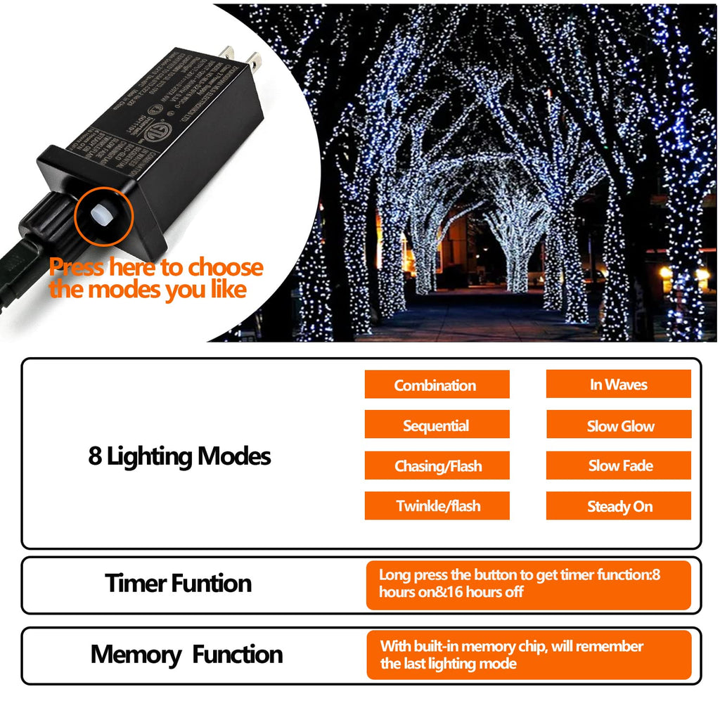 Upgraded 33FT 100 LED Christmas String Lights Outdoor & Indoor, Extendable Waterproof White Lights with Memory Function & Timer & 8 Modes for Christmas Tree Holiday Party Garden Decor (Cool White)
