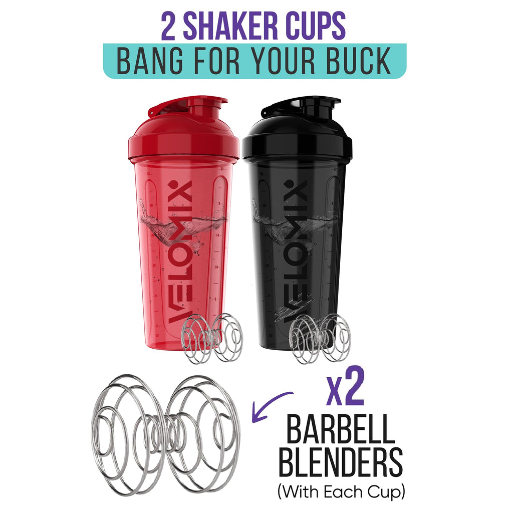VELOMIX -2 Pack- 28 oz Protein Shaker Bottles for Protein Mixes - 2x Wire Whisk | Leak Proof Shaker Cups for Protein Shakes | Protein Shaker Bottle Pack | Shakers for Protein Shakes - Black&Red