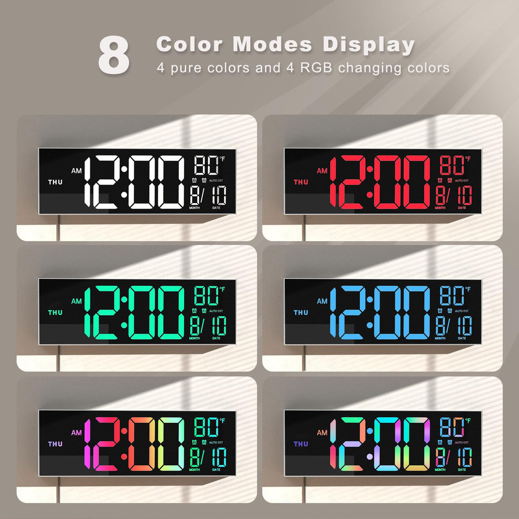 JALL 16" Large Digital Wall Clock with Remote Control, Timer, Alarm with Big LED Screen Dispaly, 8 RGB Colors, Auto DST, Temperature for Living Room, Bedroom, Mounted, Gift for Elderly, White
