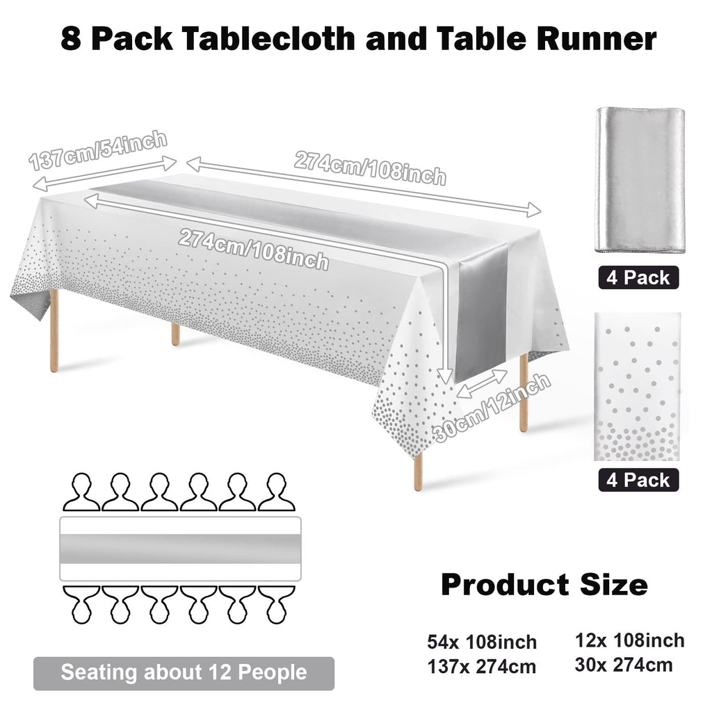 8Pack Disposable Plastic Tablecloths and Satin Table Runner Set White and Silver Dot Tablecloth Silver Satin Table Runner for Wedding Birthday Baby Shower Anniversary Christmas New Year Party Supplies