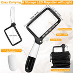 Folding Handheld Magnifying Glass with Light, Brightness Dimmable Magnifying Glass for Reading, LED 3X Large Rectangle Books Magnifier with Light for Seniors, Lighted Gifts for Elderly with Low Vision