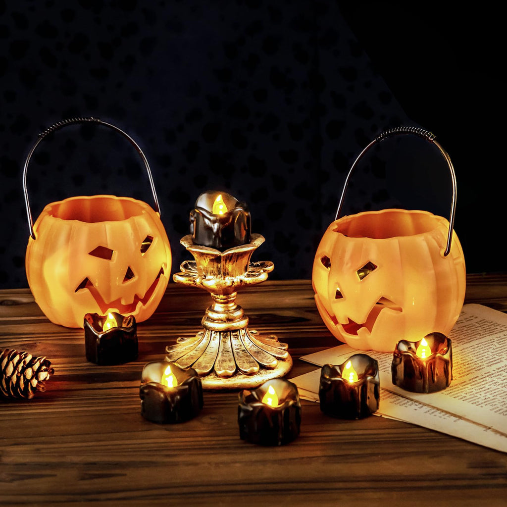 Windshell Black Tealight Candles with 6H Timer (No Remote), Melting Design (Plastic), Battery Operated LED Flameless Tea Lights for Party, Wedding, Halloween and Christmas, Pack of 12