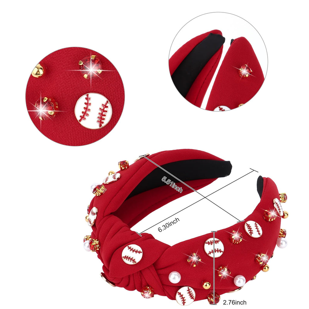 Baseball Top Knot Headband for Women & Girls - Wide Knotted Jeweled Accessory for Game Day, Sports Fan, Mom, Halloween & Christmas Gifts (Red)