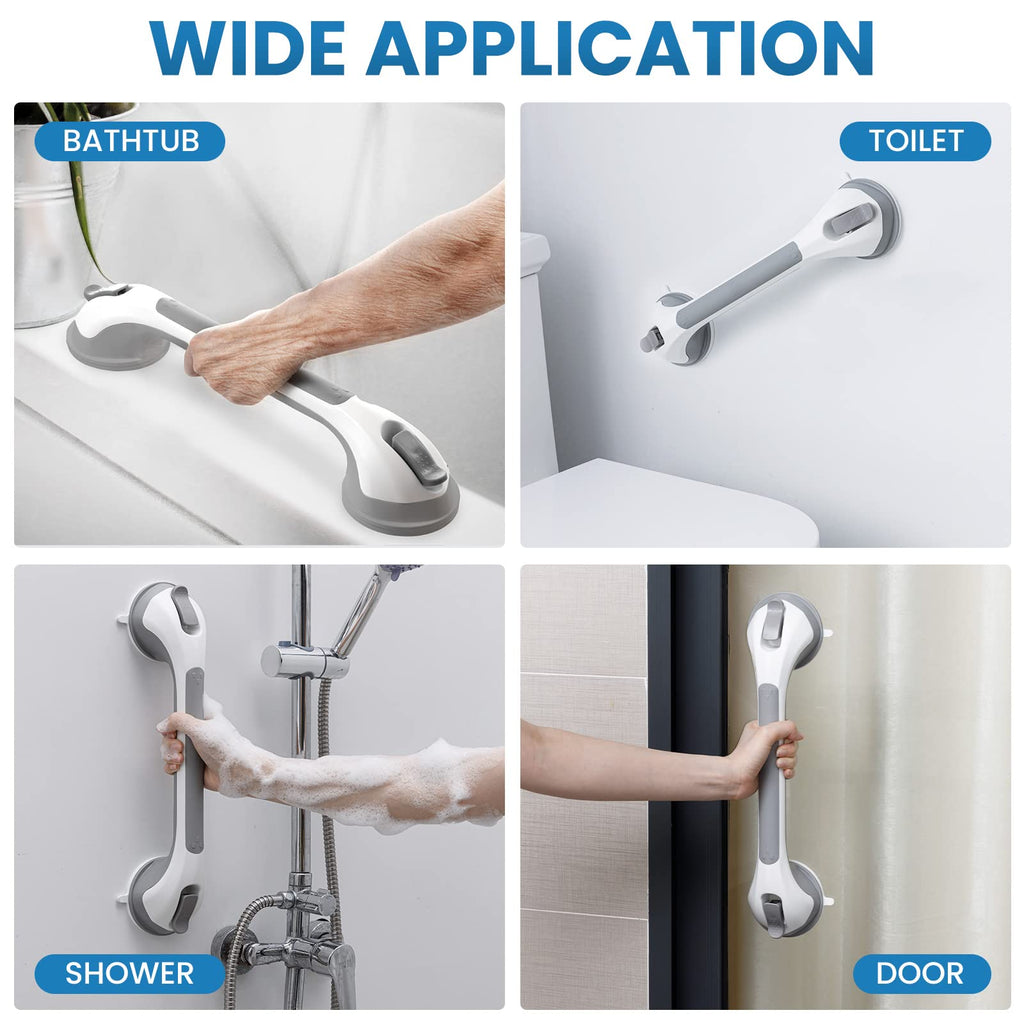 LEVERLOC Grab Bars for Bathtubs and Showers, 17inch Handicap Grab Bars with Two Suction Cups, Easy to Install & Remove Bathroom Shower Grab Bar for Seniors, Suction Shower Handle for The Elderly, Gray