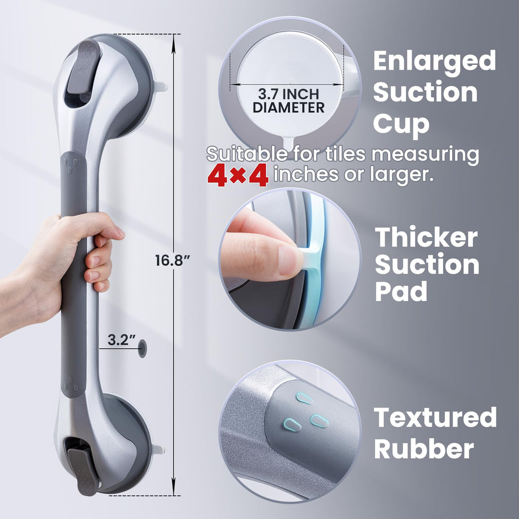 LEVERLOC Shower Grab Bars for Bathtubs and Showers, Easy to Install Suction Shower Handle for Bathroom Removable Safety Grip for Seniors Elderly, Heavy Duty Handrails Waterproof No Drilling, Silver