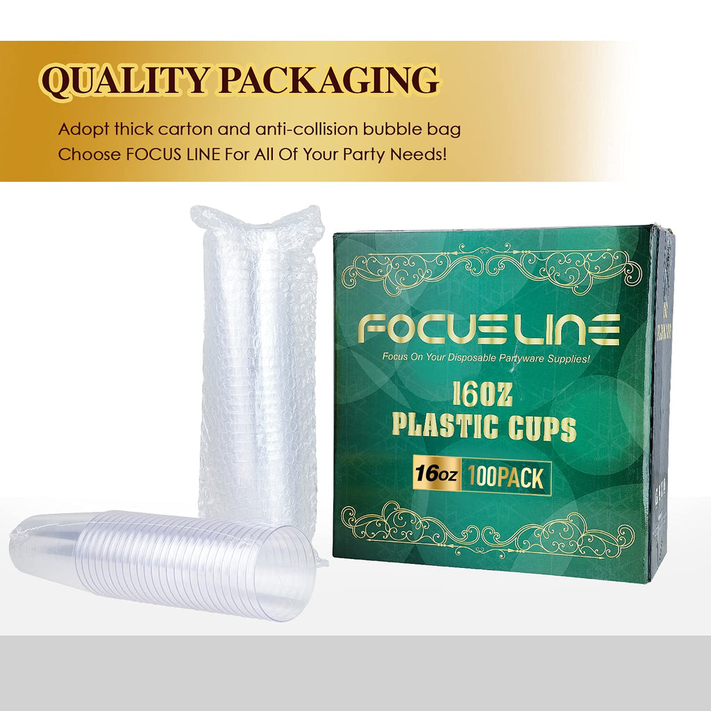 FOCUSLINE 100 Pack 16 oz Clear Plastic Cups, Disposable Cups Large Reusable Plastic Tumblers, Heavy-duty Clear Hard Plastic Cups 16 Ounce for Wedding Party, Thanksgiving, Halloween, Christmas