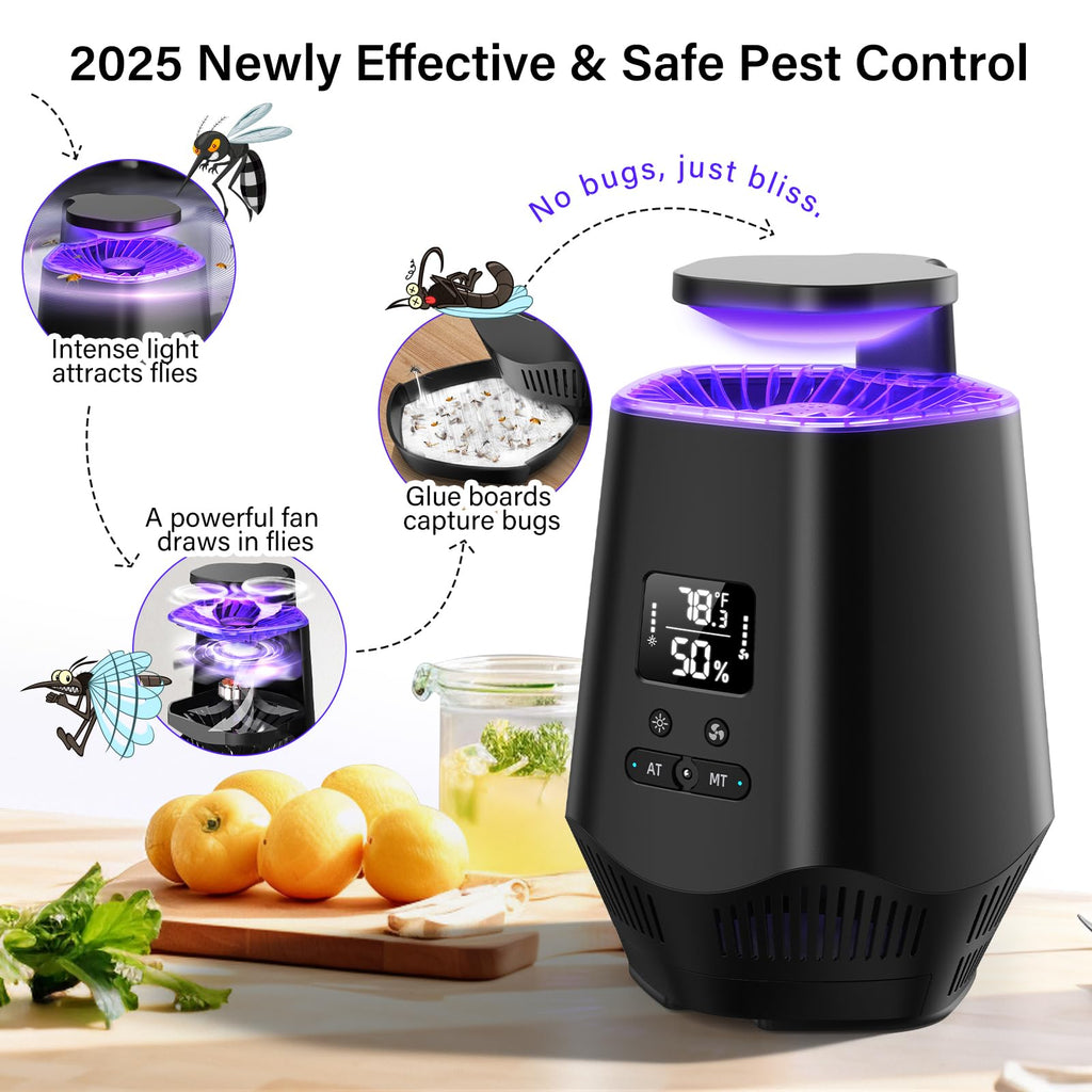 Fooxem Fruit Fly Traps for Indoors, Smart Fly Trap Indoor Bug Zapper Gnat Traps for House Indoor with Temperature and Humidity Sensor, 10PCS Sticky Boards Black 01