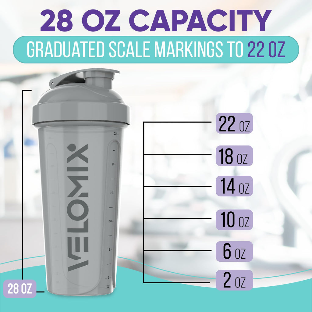 VELOMIX -4 PACK- 28 oz Protein Shaker Bottle for Protein Mixes - 4x Wire Whisk | Leak Proof Shaker Cups for Protein Shakes | Protein Shaker Bottle Pack | Protein Shake Cup